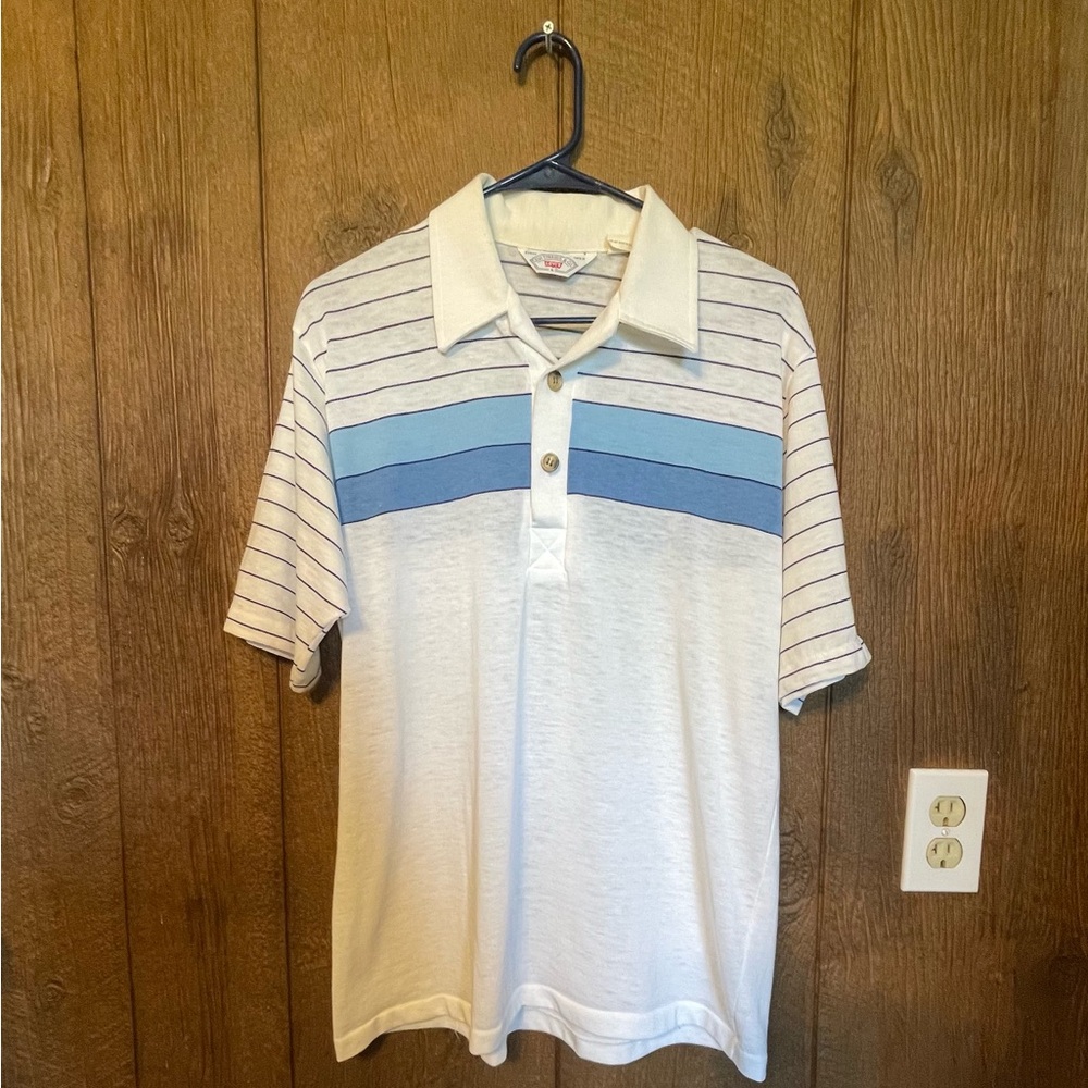 Vintage Levi's Men's Polo Shirt - Light Blue and White Stripes